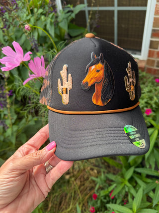 Western Bay Horse Trucker Hat with Copper Cactus Conchos | Black Camo Mesh Snapback