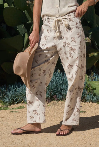 Western Cowboy Print Barrel Pants – Relaxed Fit Drawstring Cotton Utility Trousers