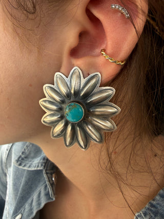 Native American RJ Turquoise Sterling Silver Flower Statement Earrings