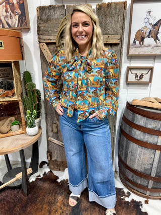 Western Pop Art Tie Neck Sheer Blouse for Women | Retro Cowboy Print Top- Howdy Hanny