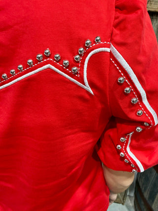 Red Studded Western Puff Sleeve Top