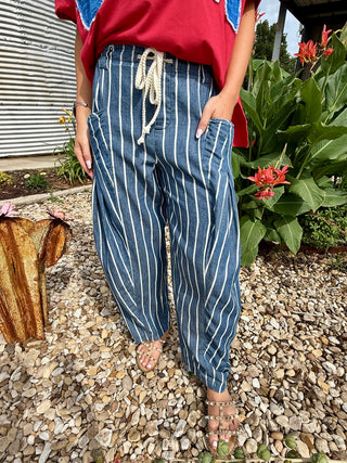 Easel Stripe Washed Chambray Wide Leg Pants for Women | Blue Vertical Stripe Drawstring Pants