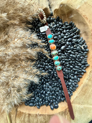Native American 6-Stone Leather Cuff Bracelet – Turquoise & Spiny Oyster -C