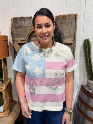Flag Embroidery Pattern Western Graphic Tee | Cowgirl Boots & Rodeo Icons Shirt
