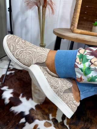 Tooled Floral Slip-On Sneakers – Cream Western Embossed Casual Shoes for Women