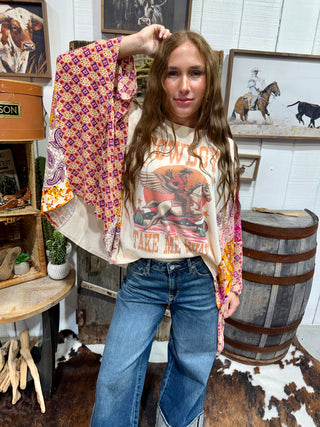 Western Graphic Poncho Sleeve Top | Cowboy Take Me Away Boho Statement Top Sleeve detail