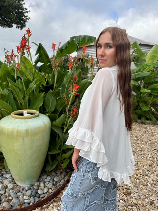 White Bell Sleeve Chiffon High-Low Ruffle Top | White Bow Tie Casual Blouse Side view
