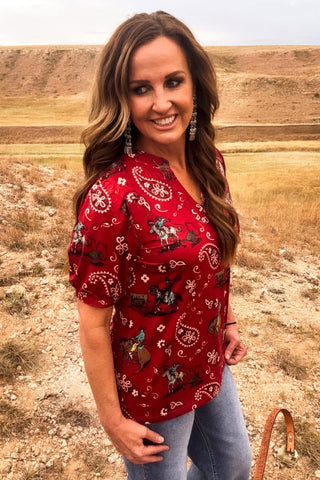 Western Ranch Rodeo Top for Women – Red Cowboy Print Blouse, Cowgirl Graphic V-Neck Shirt, Western Boutique Top