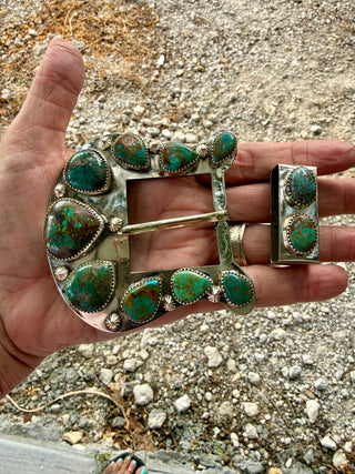 Custom Genuine Kingman Turquoise Artisan Belt Buckle Set