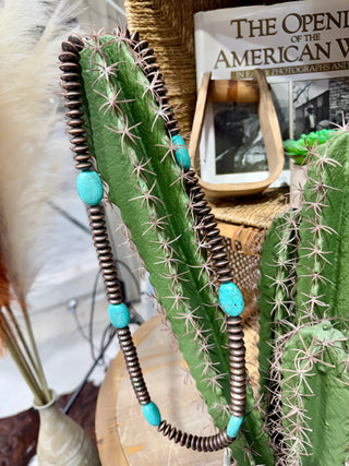 Copper Saucer Navajo Style Pearl Necklace with Turquoise Stones – Western Statement Strand-28”