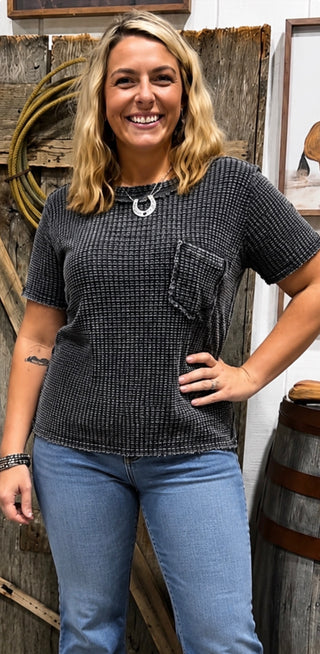 Charcoal Washed Waffle Knit Top for Women – Oversized Raw Hem Pocket Tee-Easel Brand