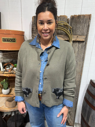 Ranch Royalty Taupe Western Cardigan – Angus Bull Graphic Button-Up Sweater
