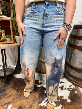 Western Wild Horse Graphic Jeans | Cowgirl Ranch Scene Statement Denim