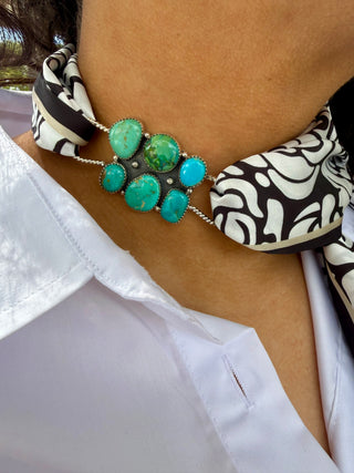 Sterling Silver Kingman Multi-Stone Turquoise Cluster Wild Rag Slide | Western Scarf Concho