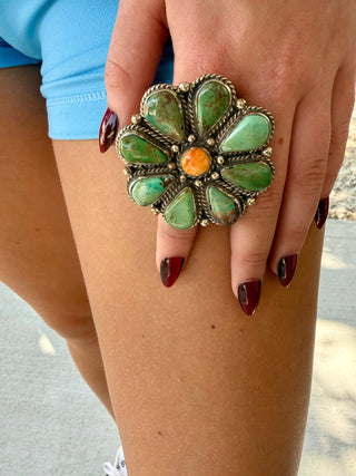 Green Turquoise & Orange Spiny Flower Statement Ring | Adjustable German Silver Ring
