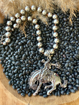Western Navajo Style Pearl Necklace with Bronc Rider Pendant | Cowgirl Statement Silver Bead Jewelry