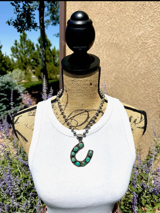 Kingman Turquoise Horseshoe Necklace On Beaded Chain – Western Statement Pendant Tibetan silver 
