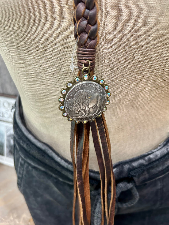 Braided Leather Buffalo Nickel Bolo Necklace