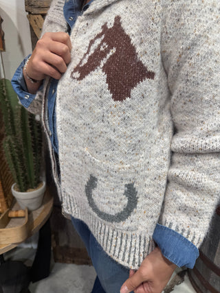 Western Horse Graphic Zip Cardigan Sweater – Cowgirl Cozy Bucle’ Knit with Horse Pockets