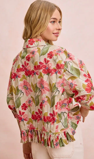 Spring Meadow Floral Ruffle Hem Peplum Top for Women | Quarter Sleeve Button Front Blouse