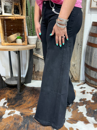 Side of Howdy Hanny Black Wide Leg Smiley Jeans for Women – Western High Waisted Pants with White Stitch Detail