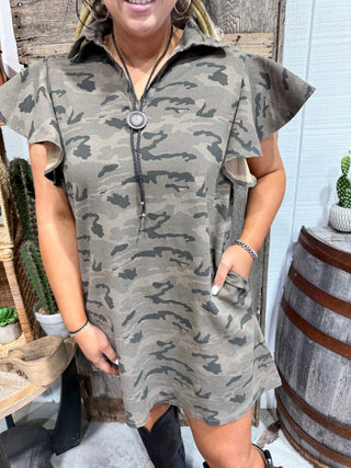 Camo Flutter Sleeve Western Dress with Bolo Tie Detail- Plus Size Too!