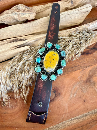 Bumblebee Jasper & Turquoise Leather Cuff Bracelet | Southwestern Statement Cuff