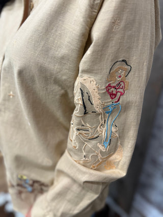Yippee Ki Yay Embroidered Linen Western Top-Camel