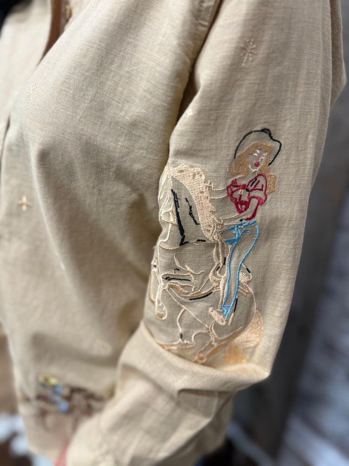 Yippee Ki Yay Embroidered Linen Western Top-Camel