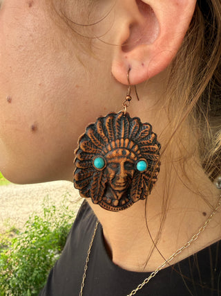 Tooled Leather Headdress Earrings | Western Boho Turquoise Accent Dangle Earrings