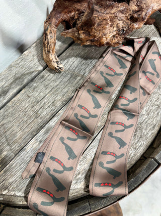 High Noon Hearts Spur Twilly – Brown Western Print Silk Scarf