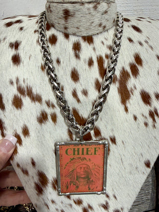 Vintage Big Chief Tablet Pendant Necklace on Chunky Brass Chain | Western Statement Jewelry