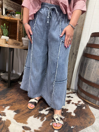 High-Waisted Wide Leg Chambray Cropped Pants | Tencel Denim Drawstring Pants