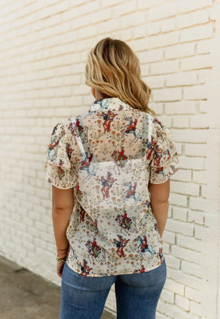 Cowgirl Print Flutter Sleeve Blouse | Vintage Western Print Button Front Top