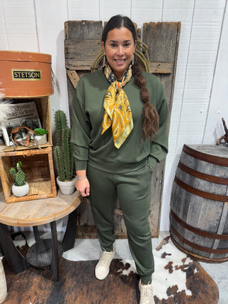Zenana Olive Green Scuba Crewneck Pullover & Jogger Set -Chic Matching Loungewear