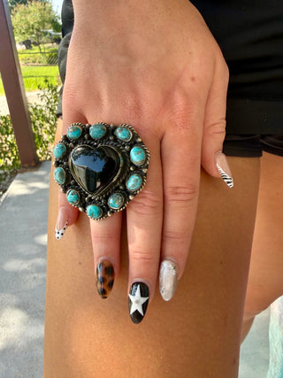 Black Onyx Heart & Turquoise German Silver Ring- Adjustable