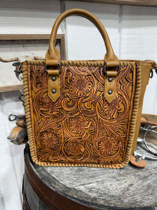 Trinity Ranch Floral Tooled Western Tote -Light Brown- Cognac
