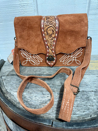 
American Darling Rough Out Suede Western Crossbody Bag – Tooled Leather Accent Flap Purse