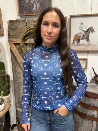 Navy Snaffle Bit Mesh Top | Western Long Sleeve