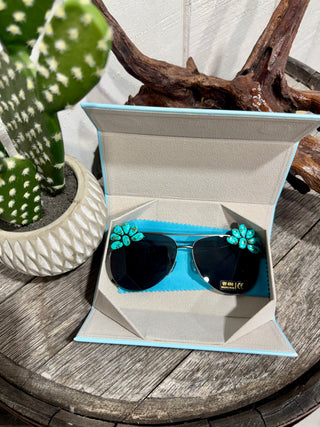 Western Turquoise Flower Aviator Sunglasses for Women | Cowgirl Sunnies | Black Frames