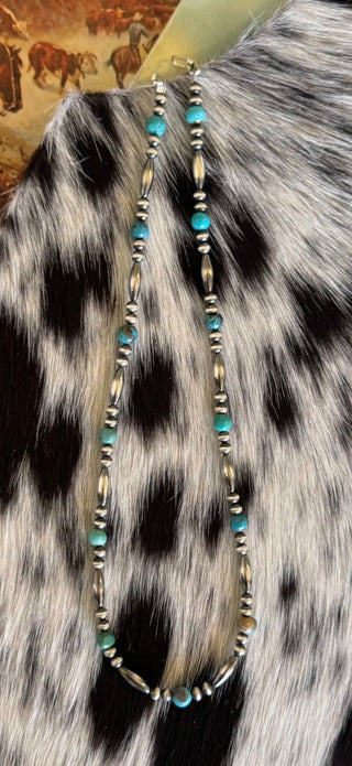 16” Turquoise & Sterling Silver Torpedo Navajo Style Pearl Necklace | Western Layering Essential