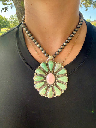Royston Turquoise & Pink Conch German Silver Pendant- Pearls not included