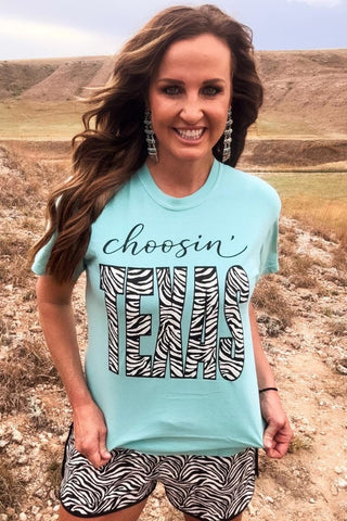 Choosin’ Texas Zebra Graphic T-Shirt – Western Style Teal Tee for Women