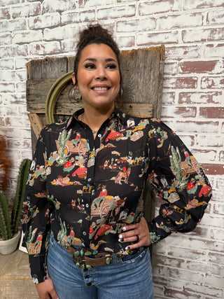 Wagon Train Western Chiffon Top – Vintage Cowgirl Print Blouse