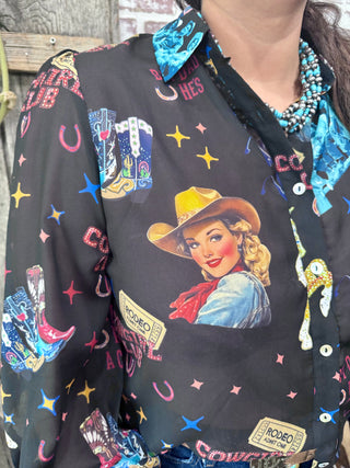 Black Cowgirl Collage Sheer Balloon Sleeve Top