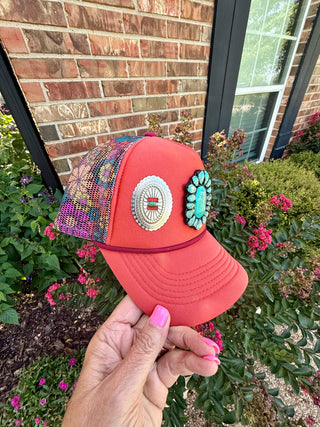 Coral Concho Trucker Hat | Western Turquoise Cluster Mesh Snapback