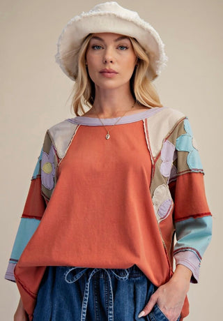 Rust Bloom Patchwork Floral Top | Boho Western Oversized Tunic
