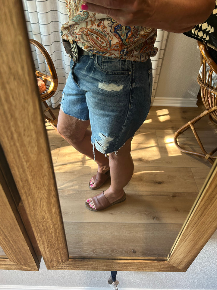 High Rise Relaxed Distressed Bermuda Shorts