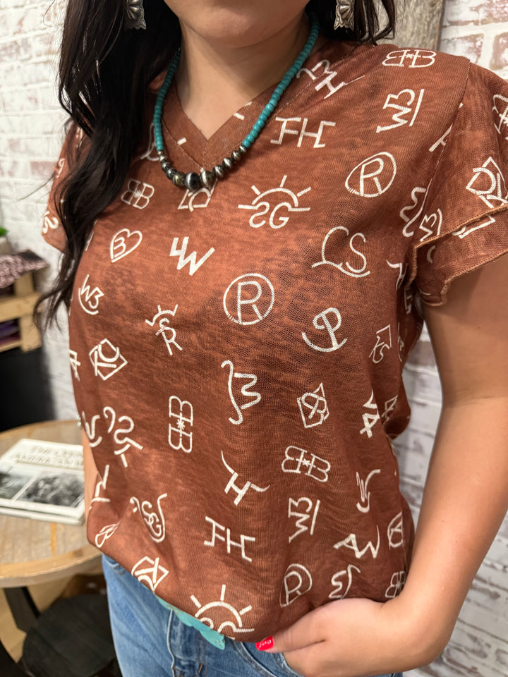 Rust Cattle Brand Ruffle Sleeve Top