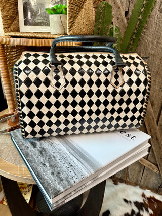 Hand Painted Black & White Checkered Western Speedy Bag- Large